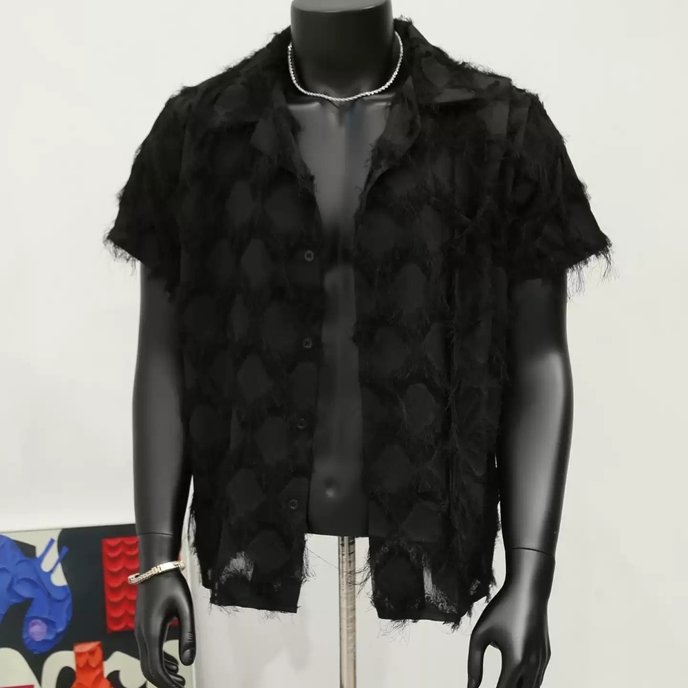 Black Textured Heart Mesh Shirt